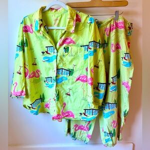 Nick & Nora Women’s Pajama Capri Set Flamingo Green Pool Print Size Large